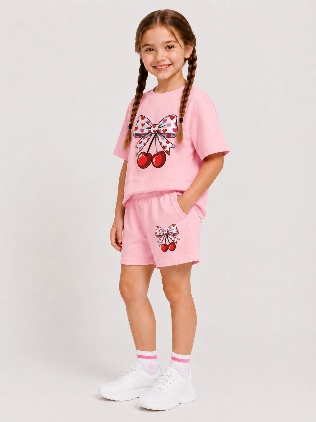 Ensemble Short & T-shirt Cerises & Nœud Enfant (Rose)
