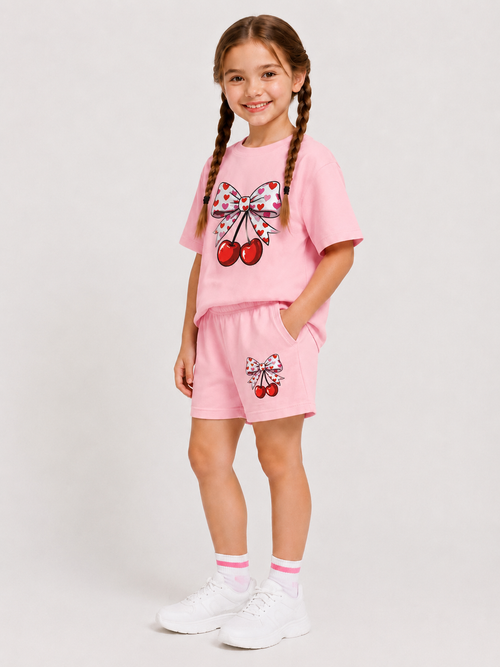 Ensemble Short & T-shirt Cerises & Nœud Enfant (Rose)