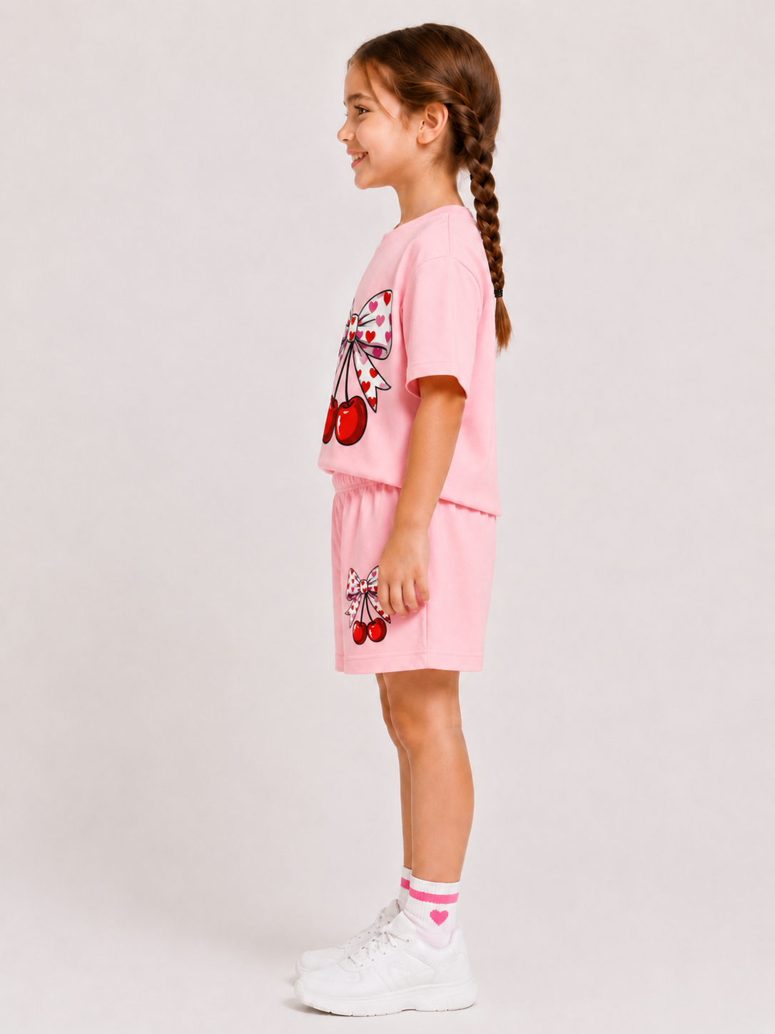 Ensemble Short & T-shirt Cerises & Nœud Enfant (Rose)