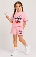 Ensemble Short & T-shirt Cerises & Nœud Enfant (Rose)